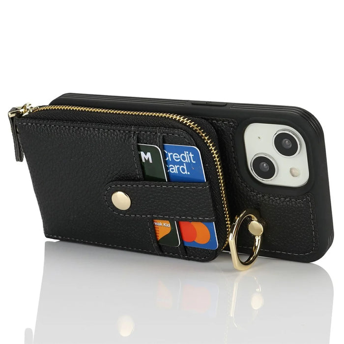 For iPhone 14 / 13 Case with Zipper Pouch / Ring Kickstand / Strap Litchi Texture PU + TPU Phone Cover - Black - 4