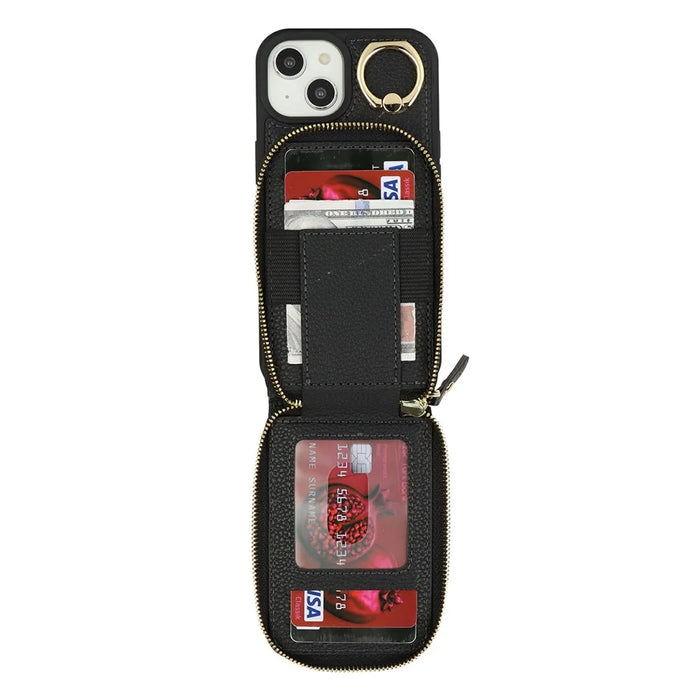 For iPhone 14 / 13 Case with Zipper Pouch / Ring Kickstand / Strap Litchi Texture PU + TPU Phone Cover - Black - 5