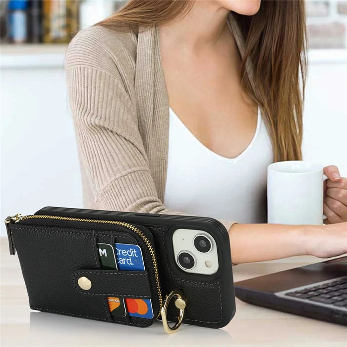 For iPhone 14 / 13 Case with Zipper Pouch / Ring Kickstand / Strap Litchi Texture PU + TPU Phone Cover - Black - 7