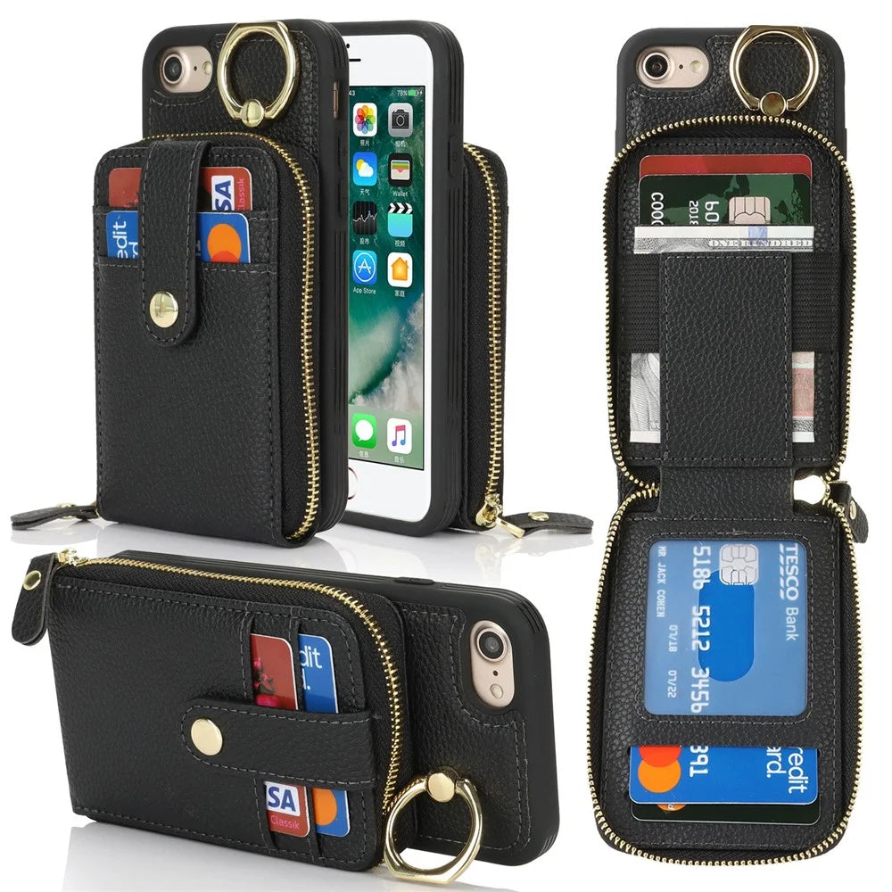 For iPhone SE (2022) / (2020) / 8 / 7 Case with Zipper Pouch / Ring Kickstand / Strap Litchi Texture PU + TPU Phone Cover - Black - 1