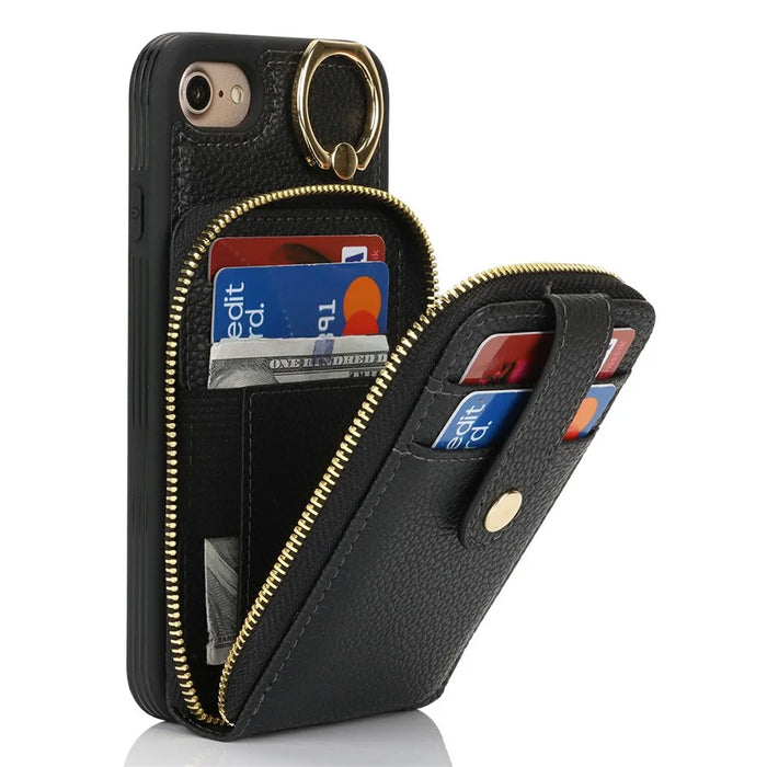 For iPhone SE (2022) / (2020) / 8 / 7 Case with Zipper Pouch / Ring Kickstand / Strap Litchi Texture PU + TPU Phone Cover - Black - 2