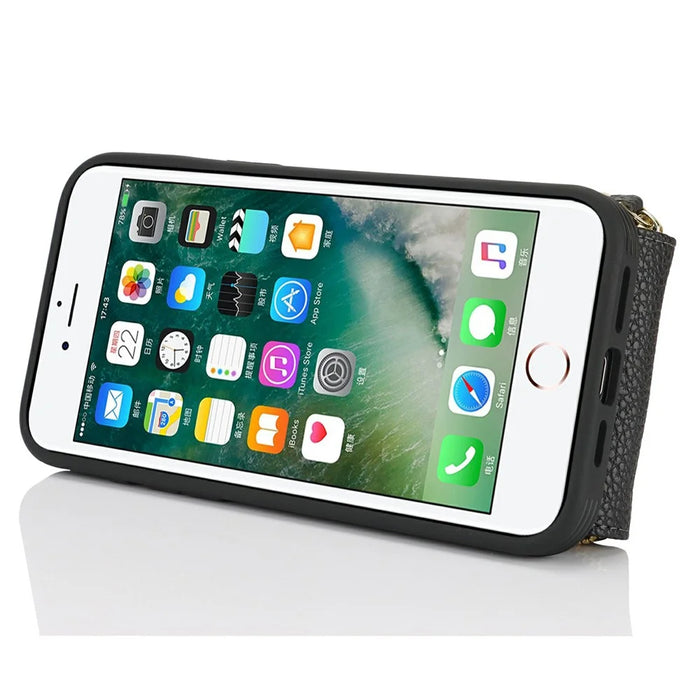 For iPhone SE (2022) / (2020) / 8 / 7 Case with Zipper Pouch / Ring Kickstand / Strap Litchi Texture PU + TPU Phone Cover - Black - 3