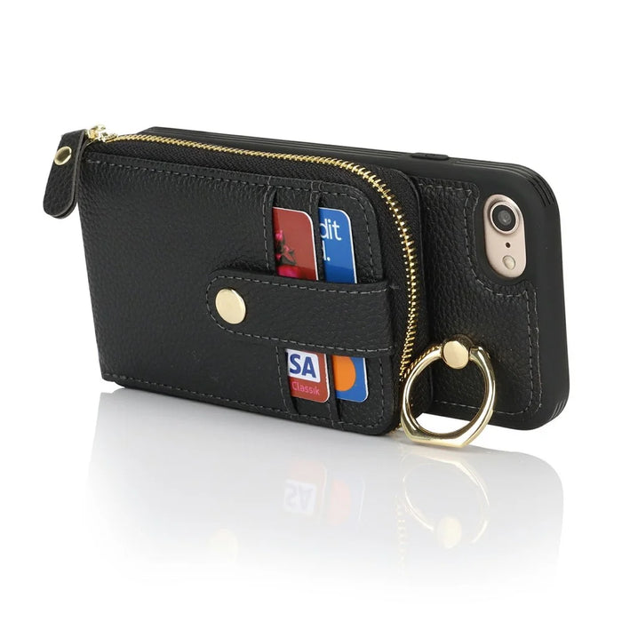 For iPhone SE (2022) / (2020) / 8 / 7 Case with Zipper Pouch / Ring Kickstand / Strap Litchi Texture PU + TPU Phone Cover - Black - 4