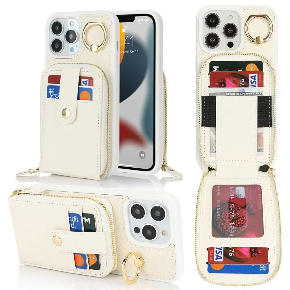 For iPhone 13 Pro Max / 12 Pro Max Case with Zipper Pouch / Ring Kickstand / Strap Litchi Texture PU + TPU Phone Cover - White - 1