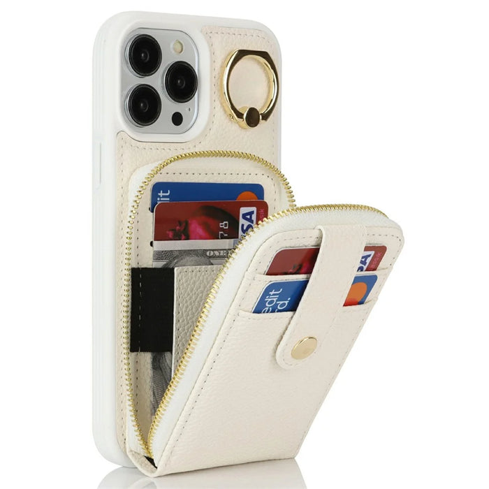 For iPhone 13 Pro Max / 12 Pro Max Case with Zipper Pouch / Ring Kickstand / Strap Litchi Texture PU + TPU Phone Cover - White - 2