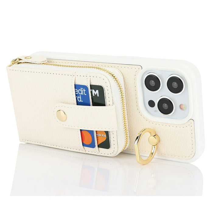 For iPhone 13 Pro Max / 12 Pro Max Case with Zipper Pouch / Ring Kickstand / Strap Litchi Texture PU + TPU Phone Cover - White - 3