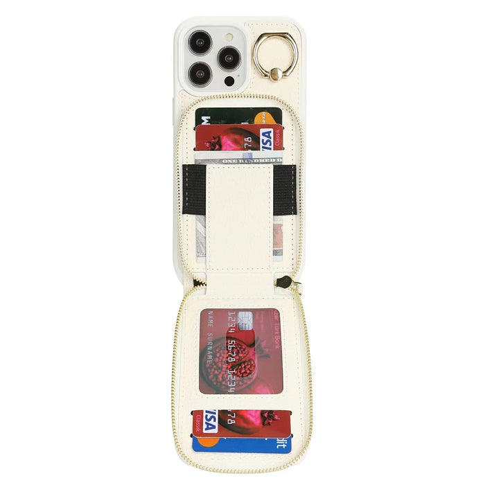 For iPhone 13 Pro Max / 12 Pro Max Case with Zipper Pouch / Ring Kickstand / Strap Litchi Texture PU + TPU Phone Cover - White - 5
