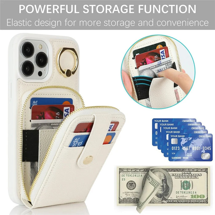 For iPhone 13 Pro Max / 12 Pro Max Case with Zipper Pouch / Ring Kickstand / Strap Litchi Texture PU + TPU Phone Cover - White - 6