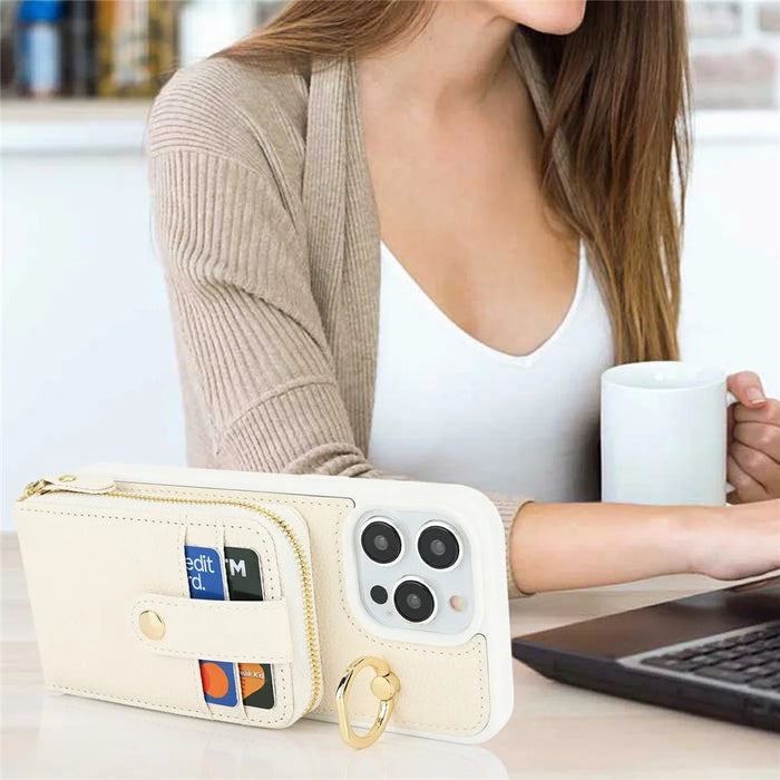 For iPhone 13 Pro Max / 12 Pro Max Case with Zipper Pouch / Ring Kickstand / Strap Litchi Texture PU + TPU Phone Cover - White - 7