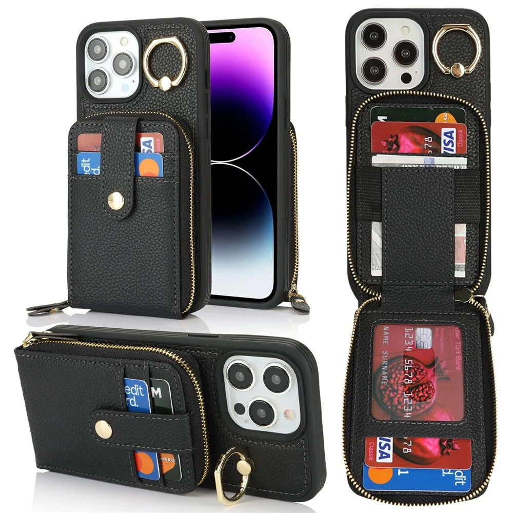 For iPhone 14 Pro Max Case with Zipper Pouch / Ring Kickstand / Strap Litchi Texture PU + TPU Phone Cover - Black - 1