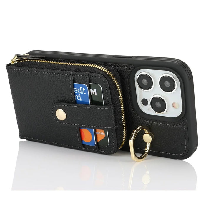 For iPhone 14 Pro Max Case with Zipper Pouch / Ring Kickstand / Strap Litchi Texture PU + TPU Phone Cover - Black - 3