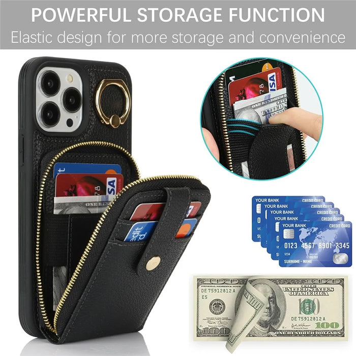For iPhone 14 Pro Max Case with Zipper Pouch / Ring Kickstand / Strap Litchi Texture PU + TPU Phone Cover - Black - 6