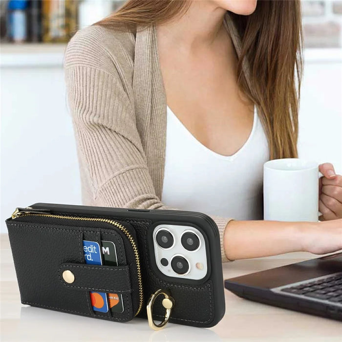 For iPhone 14 Pro Max Case with Zipper Pouch / Ring Kickstand / Strap Litchi Texture PU + TPU Phone Cover - Black - 7