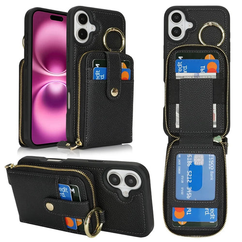 For iPhone 16 Case with Zipper Pouch / Ring Kickstand / Strap Litchi Texture PU + TPU Phone Cover - Black - 1