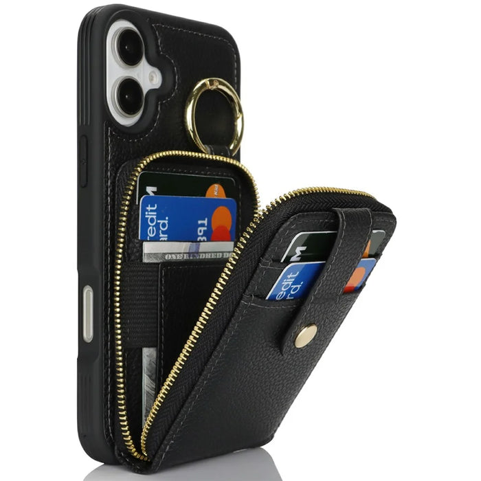 For iPhone 16 Case with Zipper Pouch / Ring Kickstand / Strap Litchi Texture PU + TPU Phone Cover - Black - 2