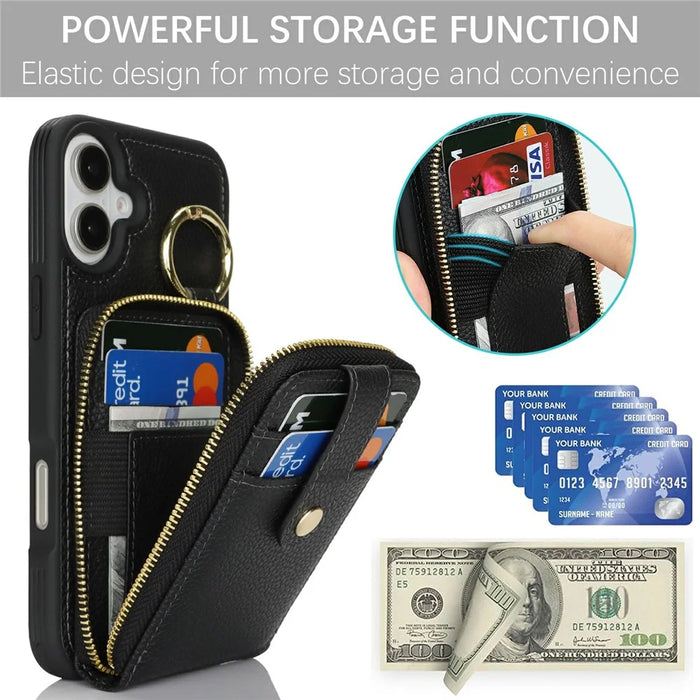 For iPhone 16 Case with Zipper Pouch / Ring Kickstand / Strap Litchi Texture PU + TPU Phone Cover - Black - 7