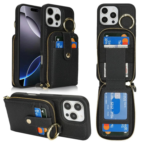 For iPhone 16 Pro Case with Zipper Pouch / Ring Kickstand / Strap Litchi Texture PU + TPU Phone Cover - Black - 1
