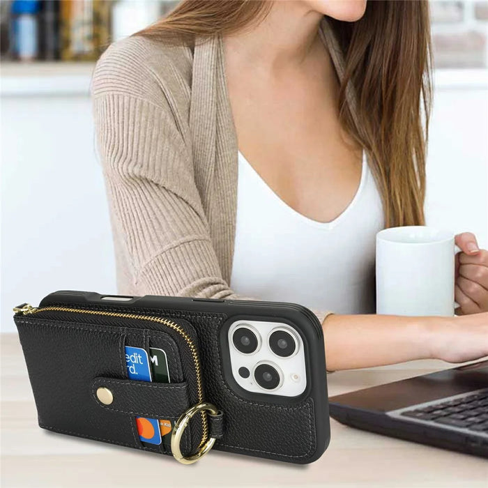 For iPhone 16 Pro Case with Zipper Pouch / Ring Kickstand / Strap Litchi Texture PU + TPU Phone Cover - Black - 6