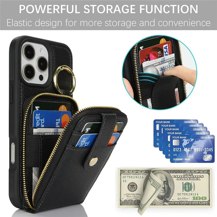 For iPhone 16 Pro Case with Zipper Pouch / Ring Kickstand / Strap Litchi Texture PU + TPU Phone Cover - Black - 7