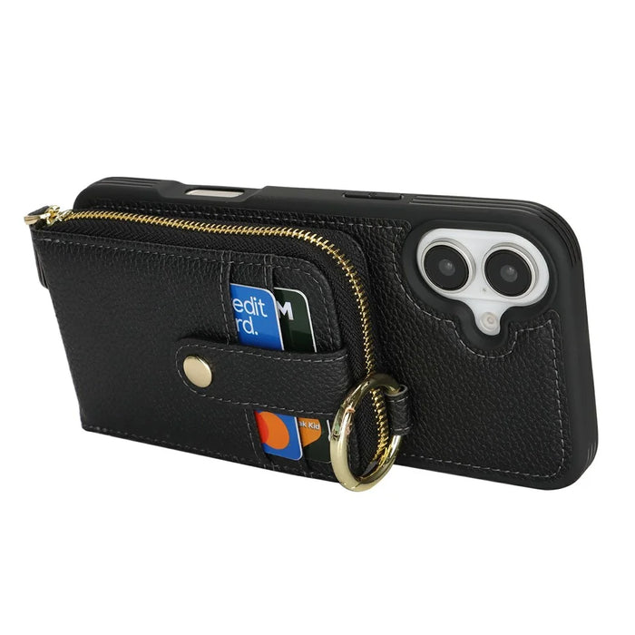 For iPhone 16 Plus Case with Zipper Pouch / Ring Kickstand / Strap Litchi Texture PU + TPU Phone Cover - Black - 4