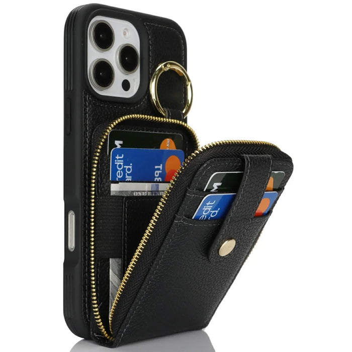 For iPhone 16 Pro Max Case with Zipper Pouch / Ring Kickstand / Strap Litchi Texture PU + TPU Phone Cover - Black - 2