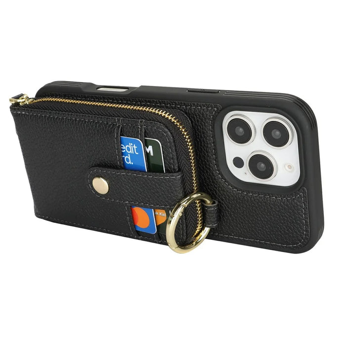 For iPhone 16 Pro Max Case with Zipper Pouch / Ring Kickstand / Strap Litchi Texture PU + TPU Phone Cover - Black - 3