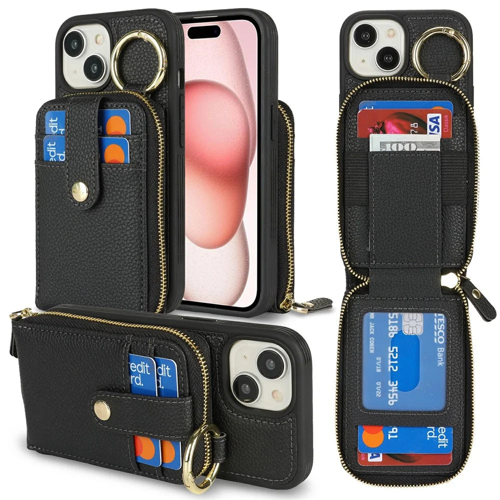 For iPhone 15 Case with Zipper Pouch / Ring Kickstand / Strap Litchi Texture PU + TPU Phone Cover - Black - 1