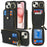 For iPhone 15 Case with Zipper Pouch / Ring Kickstand / Strap Litchi Texture PU + TPU Phone Cover - Black - 1
