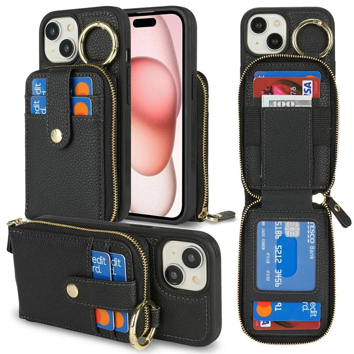 For iPhone 15 Case with Zipper Pouch / Ring Kickstand / Strap Litchi Texture PU + TPU Phone Cover - Black - 1