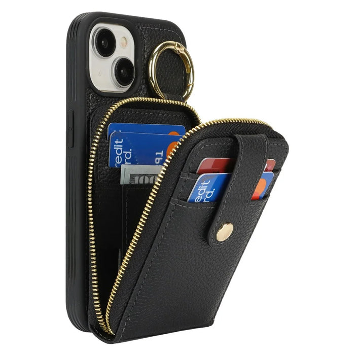 For iPhone 15 Case with Zipper Pouch / Ring Kickstand / Strap Litchi Texture PU + TPU Phone Cover - Black - 2