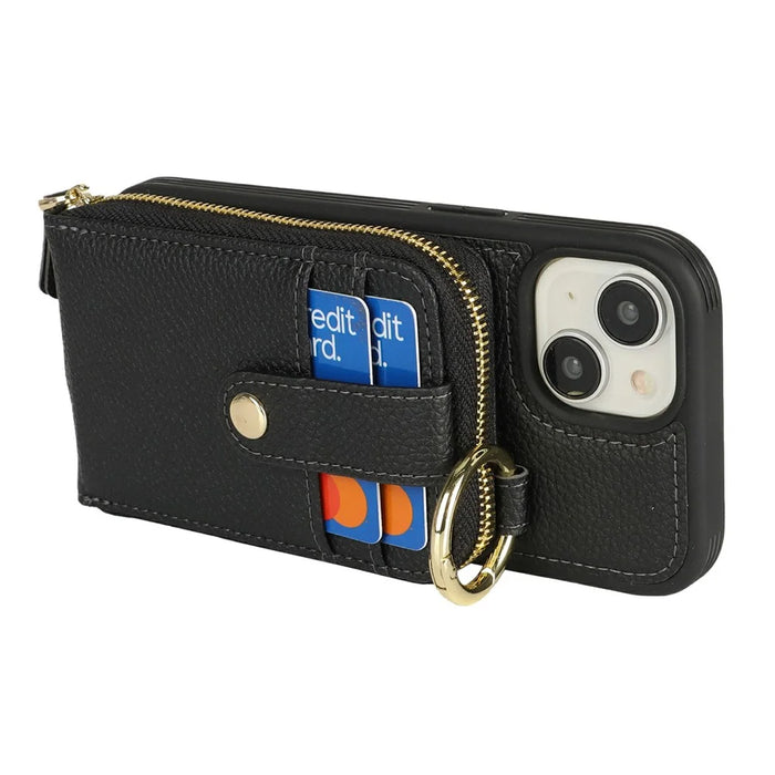 For iPhone 15 Case with Zipper Pouch / Ring Kickstand / Strap Litchi Texture PU + TPU Phone Cover - Black - 3
