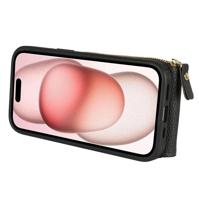 For iPhone 15 Case with Zipper Pouch / Ring Kickstand / Strap Litchi Texture PU + TPU Phone Cover - Black - 4