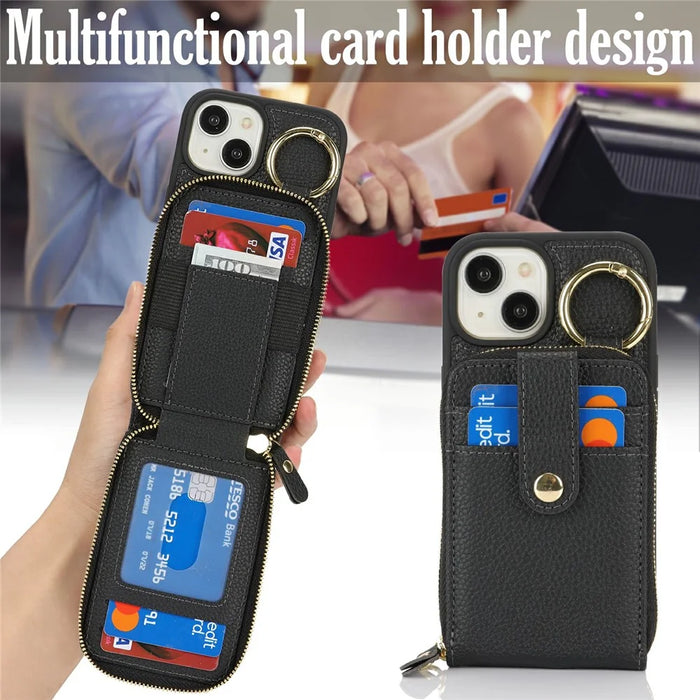 For iPhone 15 Case with Zipper Pouch / Ring Kickstand / Strap Litchi Texture PU + TPU Phone Cover - Black - 6