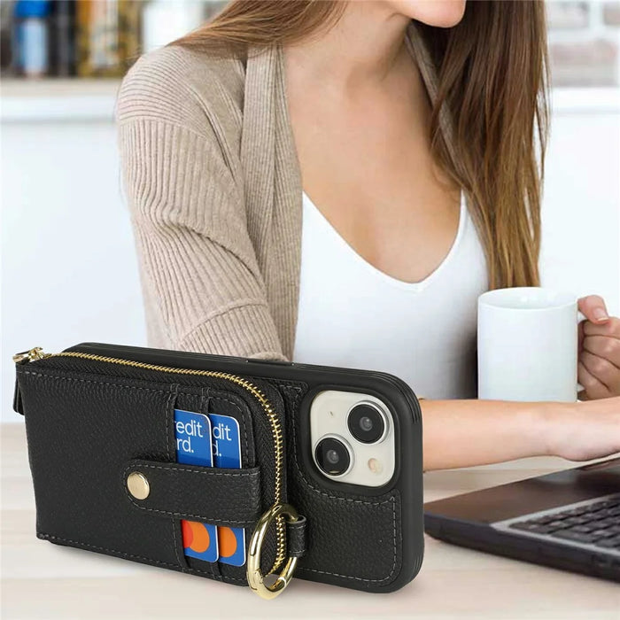For iPhone 15 Case with Zipper Pouch / Ring Kickstand / Strap Litchi Texture PU + TPU Phone Cover - Black - 7