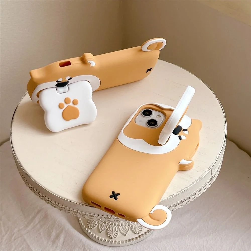 For iPhone 15 Silicone Case Dog Eating Bone Design Lens Cover Kickstand Phone Cover - 2