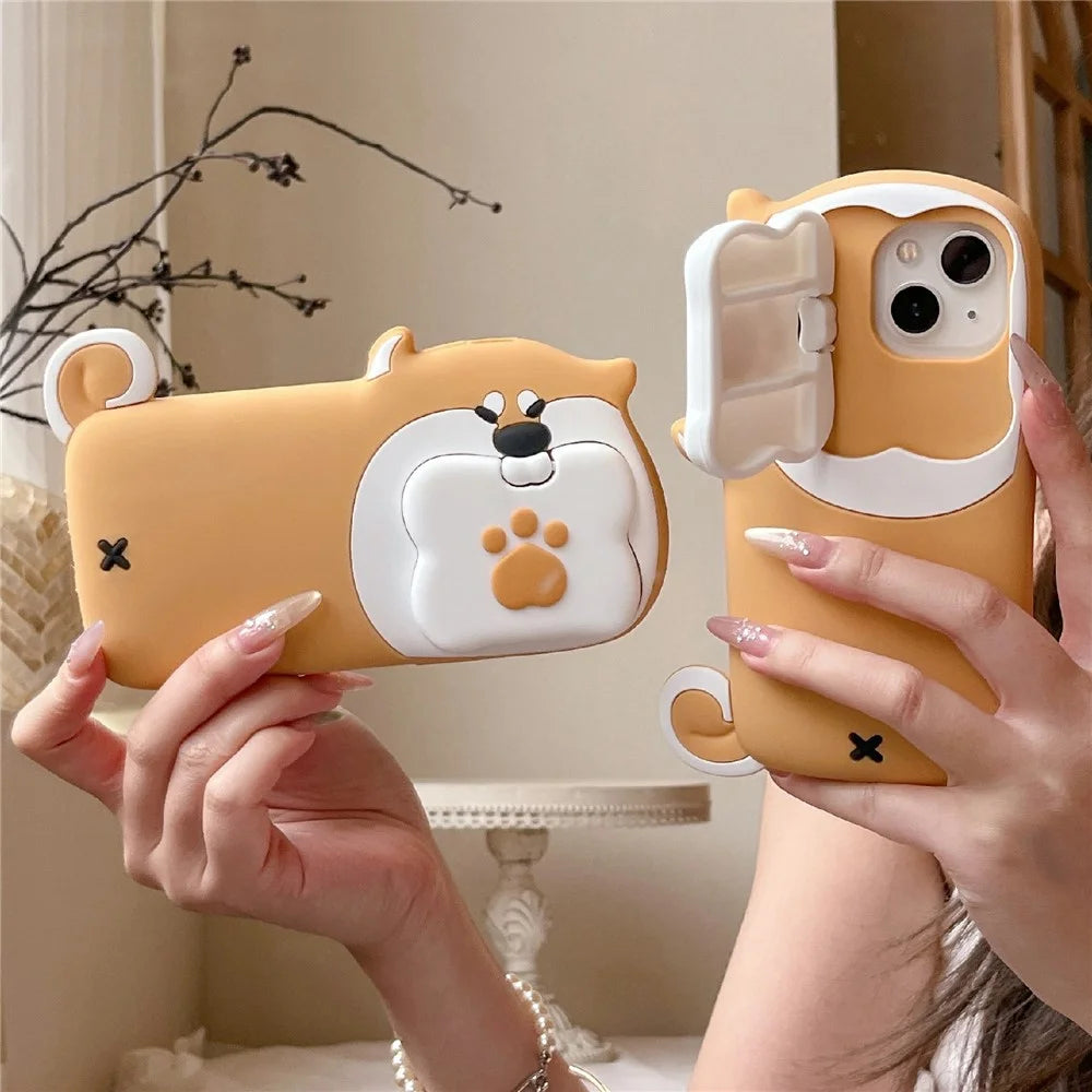 For iPhone 15 Silicone Case Dog Eating Bone Design Lens Cover Kickstand Phone Cover - 4