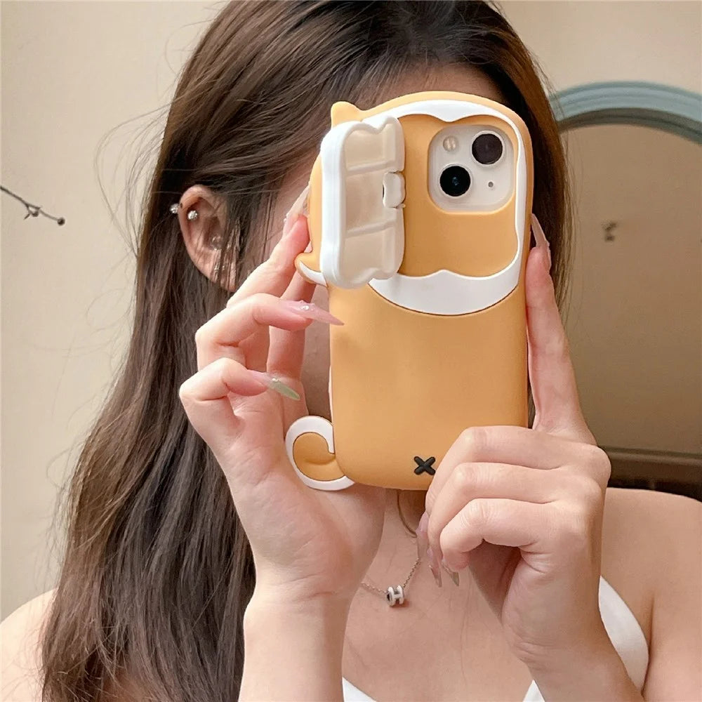 For iPhone 15 Silicone Case Dog Eating Bone Design Lens Cover Kickstand Phone Cover - 5