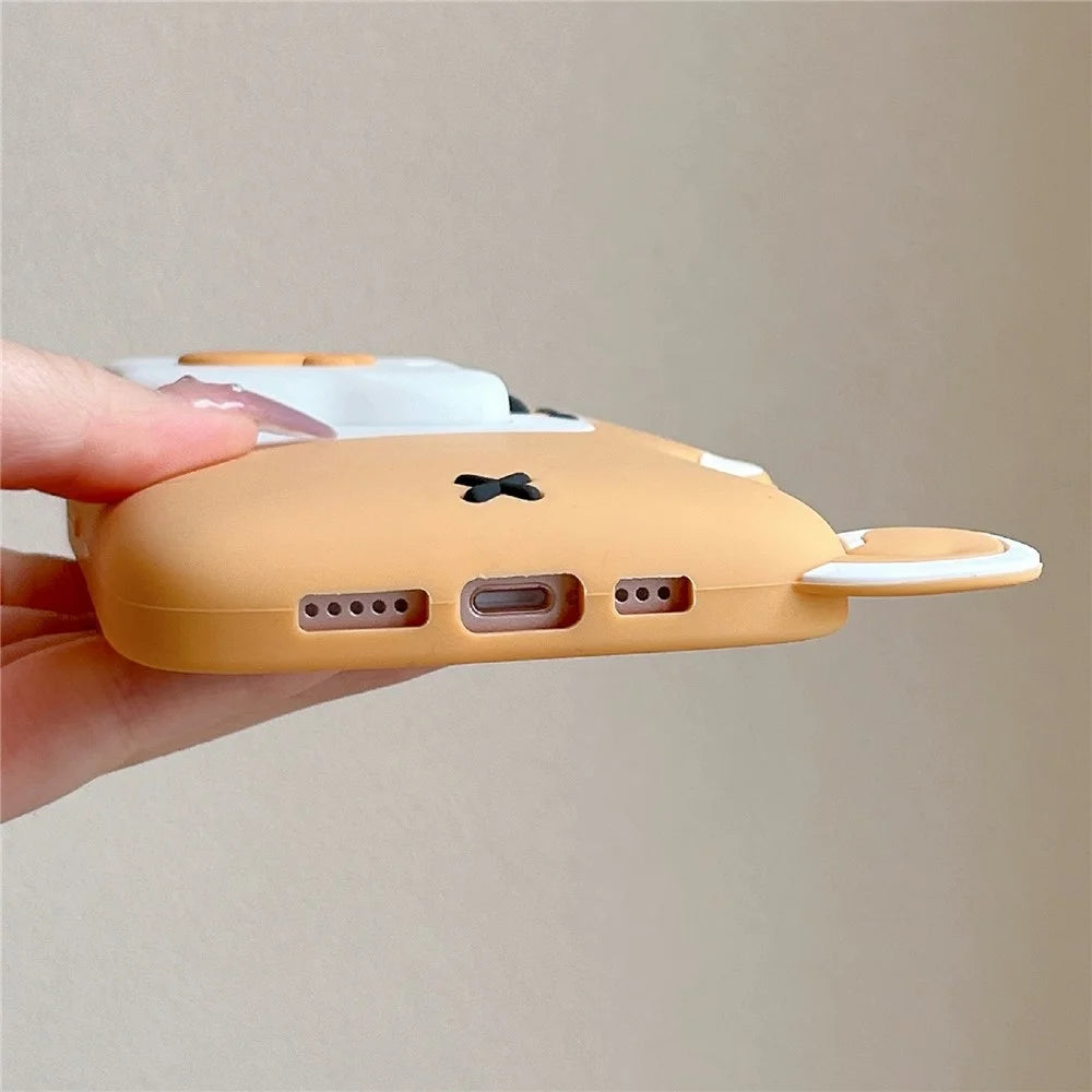 For iPhone 15 Silicone Case Dog Eating Bone Design Lens Cover Kickstand Phone Cover - 7