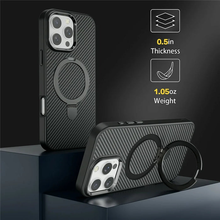 For iPhone 16 Pro Max Case Compatible with MagSafe Kickstand Carbon Fiber Texture TPU + PC Phone Cover - Black - 2