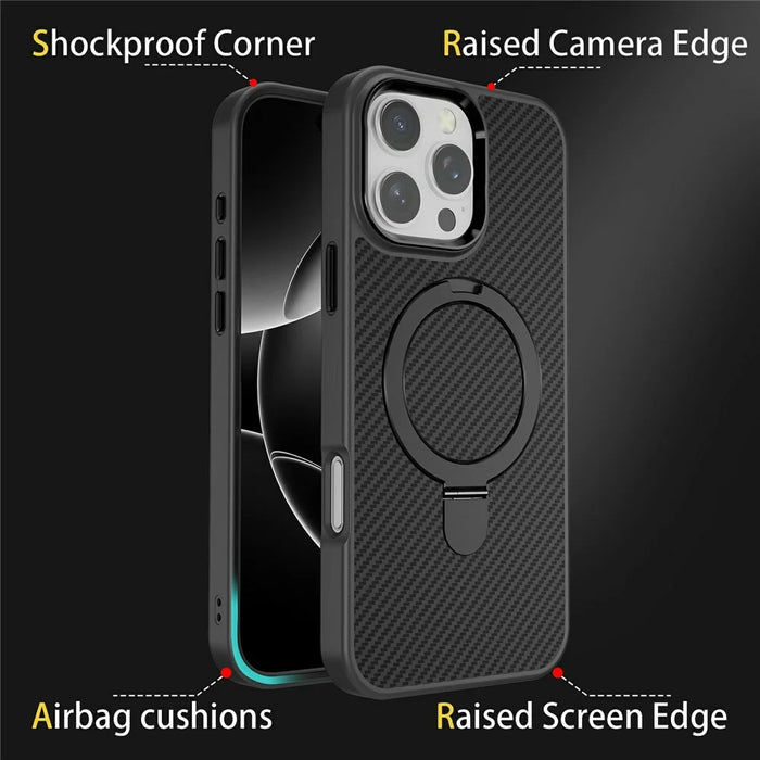For iPhone 16 Pro Case Compatible with MagSafe Kickstand Carbon Fiber Texture TPU + PC Phone Cover - Black - 3