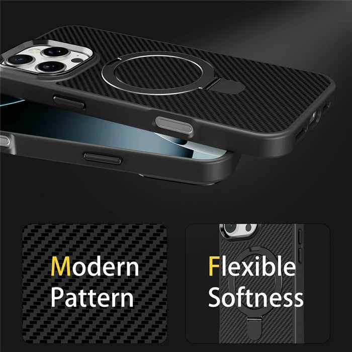 For iPhone 16 Pro Case Compatible with MagSafe Kickstand Carbon Fiber Texture TPU + PC Phone Cover - Black - 4