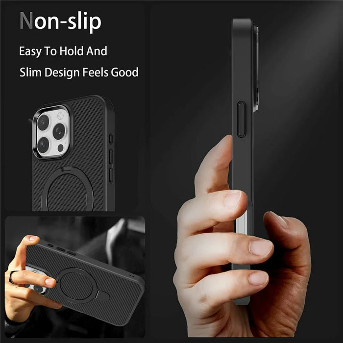 For iPhone 16 Pro Case Compatible with MagSafe Kickstand Carbon Fiber Texture TPU + PC Phone Cover - Black - 5