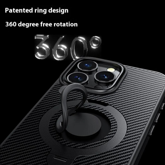 For iPhone 16 Pro Max Case Compatible with MagSafe Kickstand Carbon Fiber Texture PC + TPU Back Cover with Silicone Ring - Black - 2