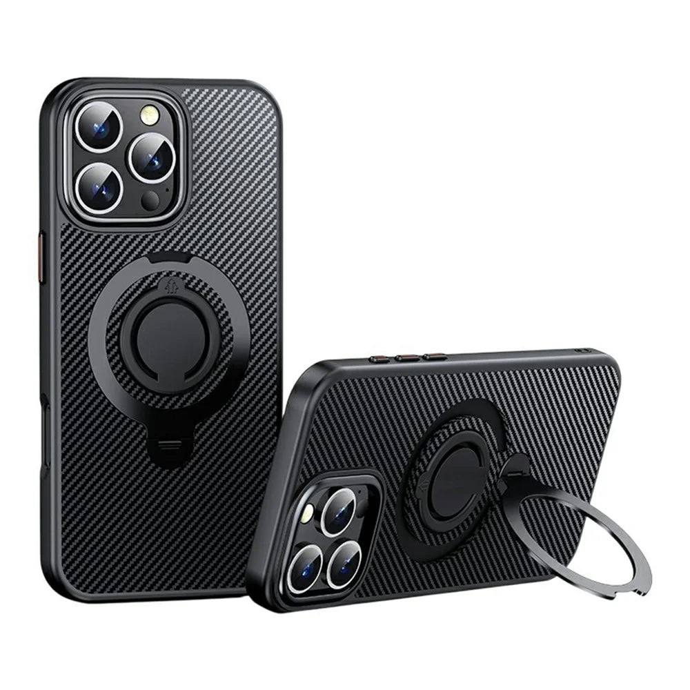 For iPhone 16 Pro Case Compatible with MagSafe Kickstand Carbon Fiber Texture PC + TPU Back Cover with Silicone Ring - Black - 1