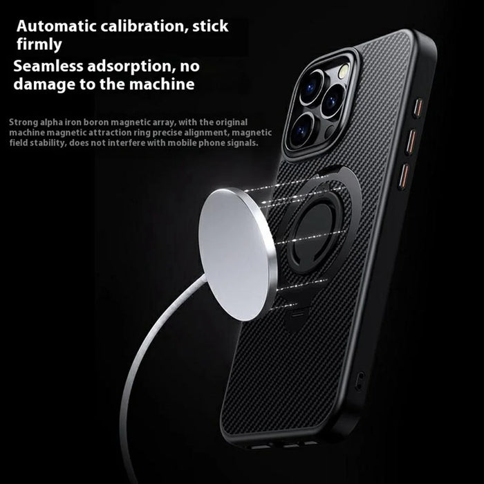 For iPhone 16 Pro Case Compatible with MagSafe Kickstand Carbon Fiber Texture PC + TPU Back Cover with Silicone Ring - Black - 4