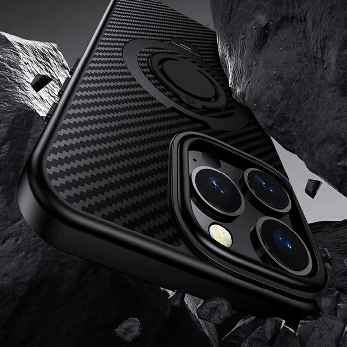 For iPhone 16 Pro Case Compatible with MagSafe Kickstand Carbon Fiber Texture PC + TPU Back Cover with Silicone Ring - Black - 5