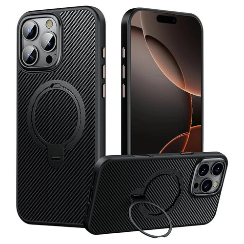 For iPhone 16 Pro Case Compatible with MagSafe Kickstand Carbon Fiber Texture PC + TPU Back Cover - Black - 1
