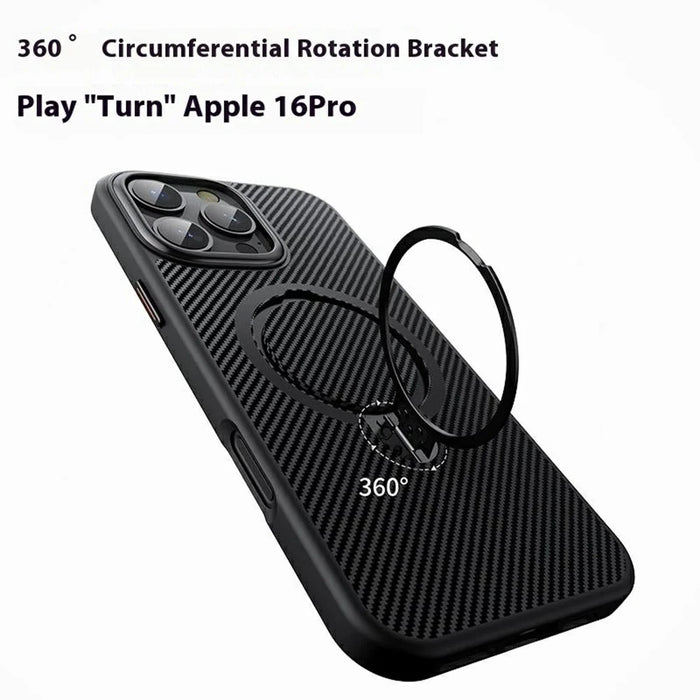 For iPhone 16 Pro Case Compatible with MagSafe Kickstand Carbon Fiber Texture PC + TPU Back Cover - Black - 3