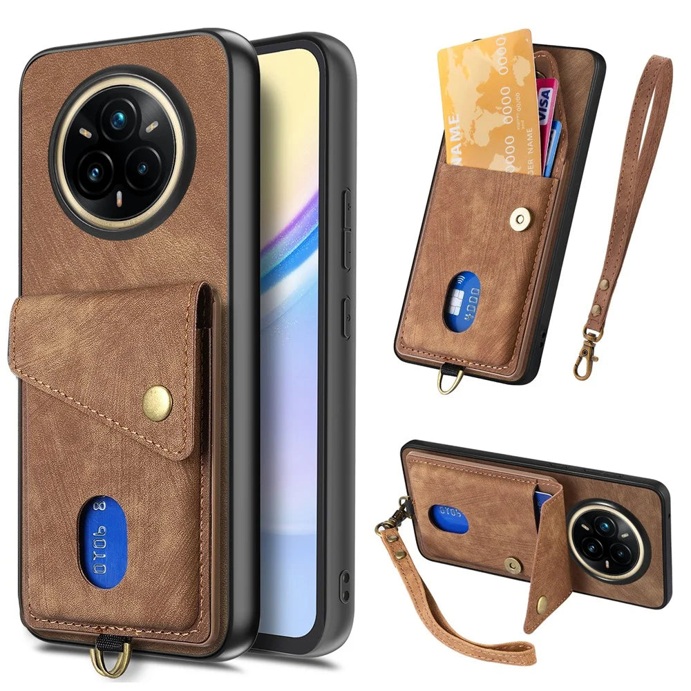 For Realme 14 Pro 5G Case with Card Holder Kickstand Leather Phone Back Cover - Brown - 1