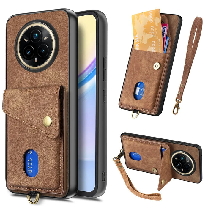 For Realme 14 Pro 5G Case with Card Holder Kickstand Leather Phone Back Cover - Brown - 1